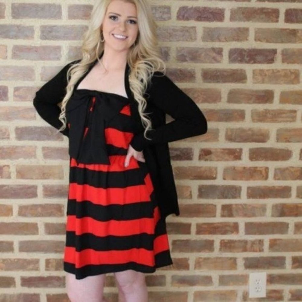 NWT Red Black Striped Strapless Bow Dress Game Day Small